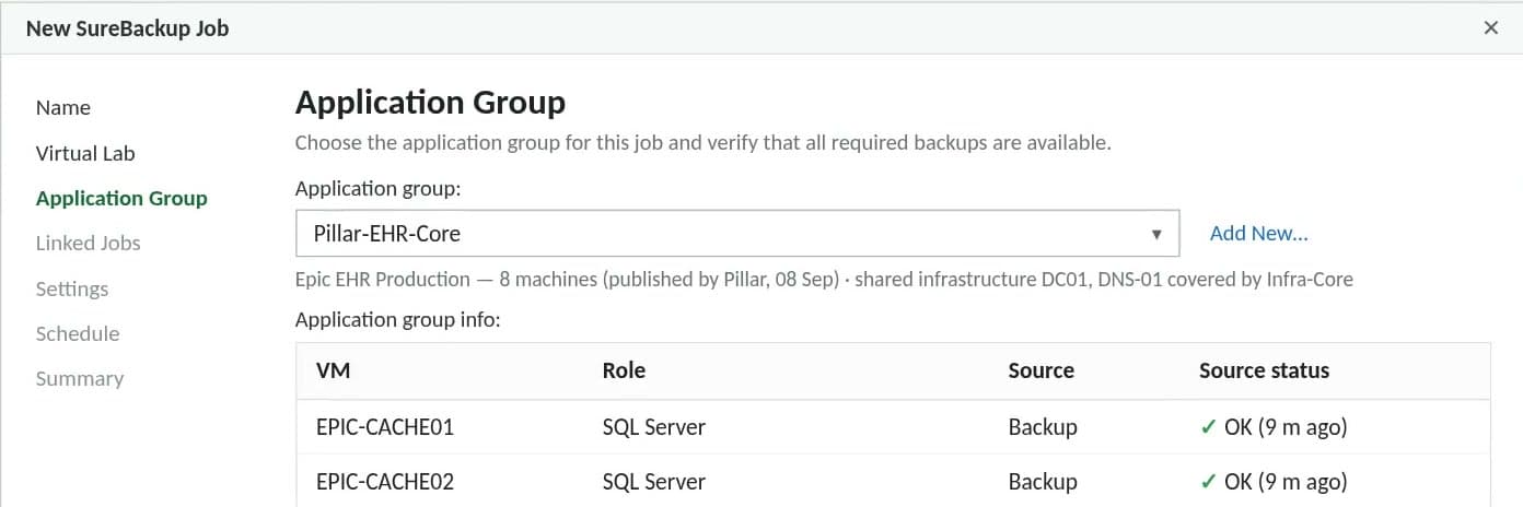 A new SureBackup job with the application group Pillar published, Pillar-EHR-Core, chosen: eight machines, roles and sources already filled in.